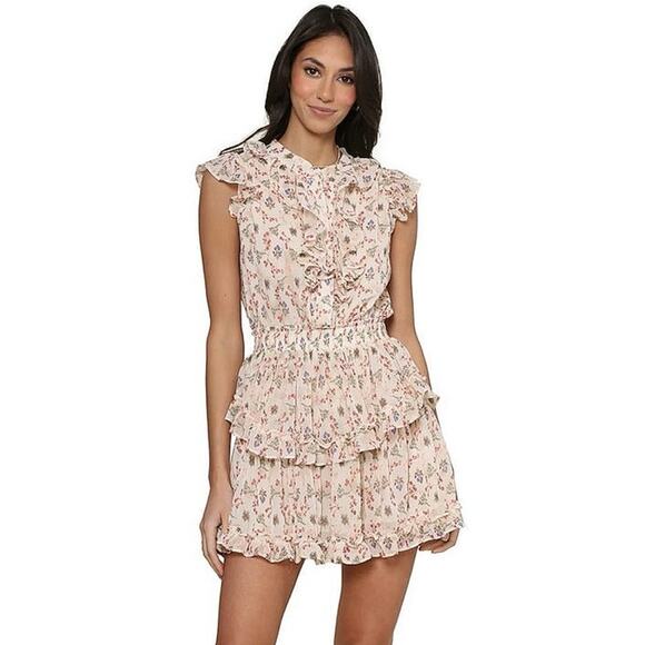 Olivaceous Cream Floral Sleeveless Ruffle Frill Tiered Mini Fit & Flare Dress M - Picture 1 of 6